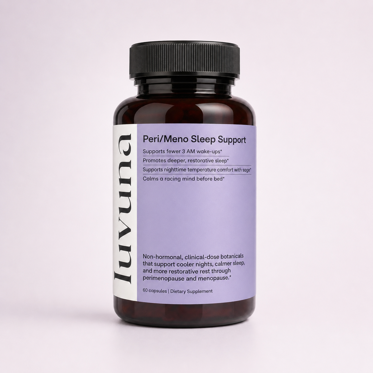 A brown bottle of Luvuna Peri/Meno Sleep Support dietary supplement against a light purple background.