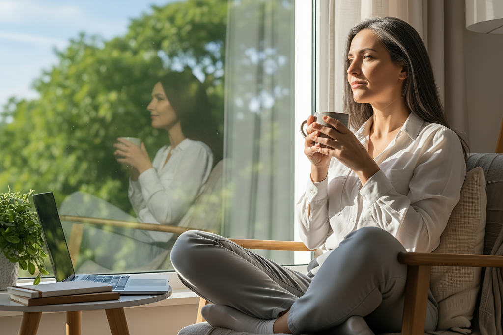 Woman sitting by a window, holding a cup, with a laptop nearby.