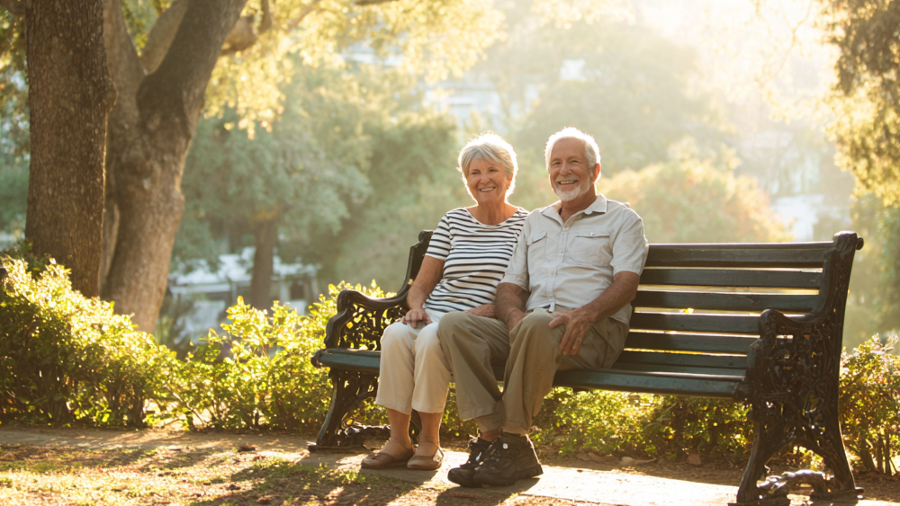 Elderly couple sitting on a park bench, smiling in the sunlight.