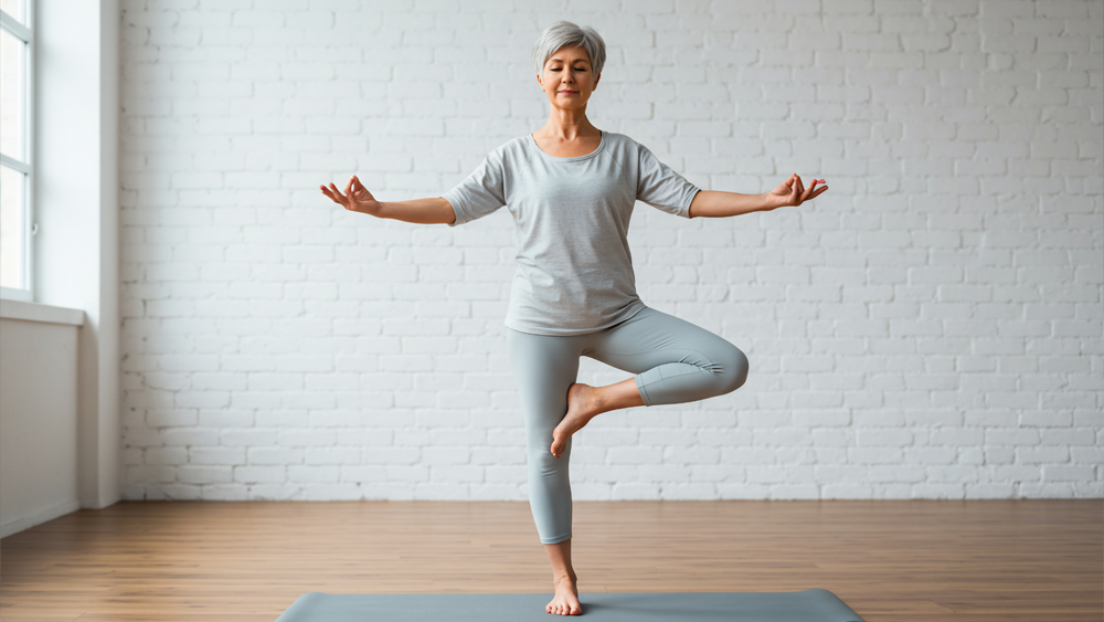 Person practicing yoga on a mat in front of a white brick wall.