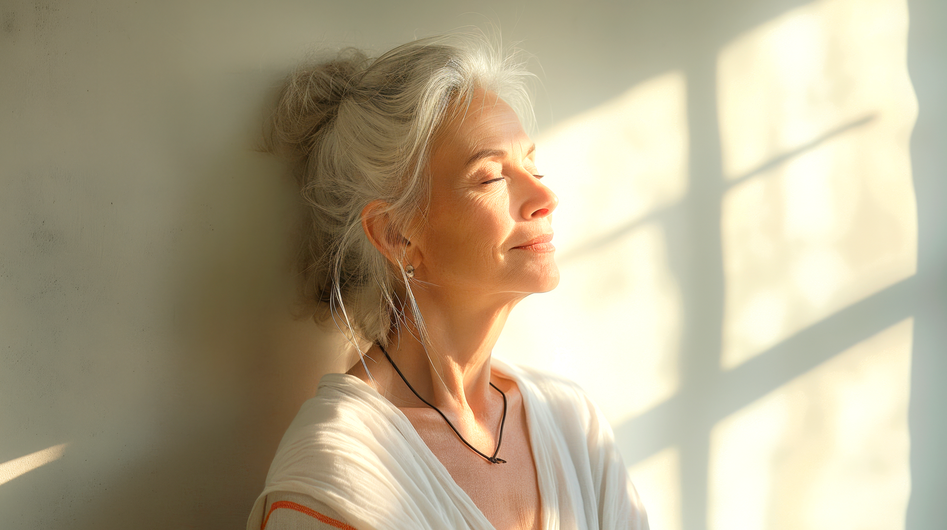 Elderly woman with eyes closed enjoying sunlight indoors.