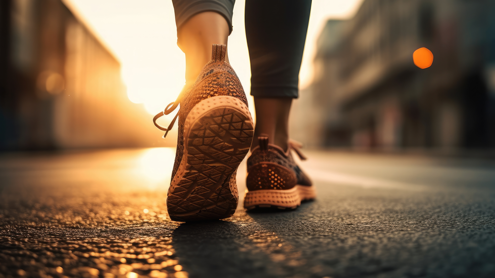 Close-up of person walking in sneakers on street at sunset.