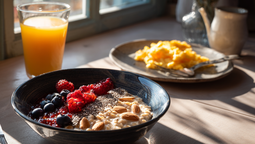 Bowl of oatmeal with berries and almonds, alongside scrambled eggs and orange juice.
