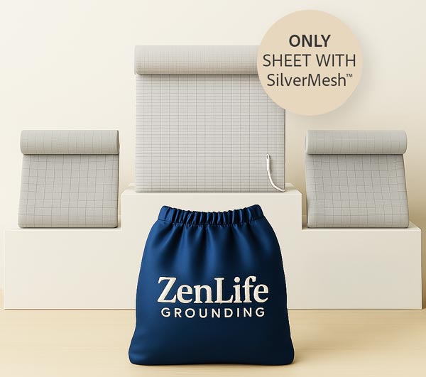 ZenLife Grounding bag with three rolled sheets and SilverMesh label.