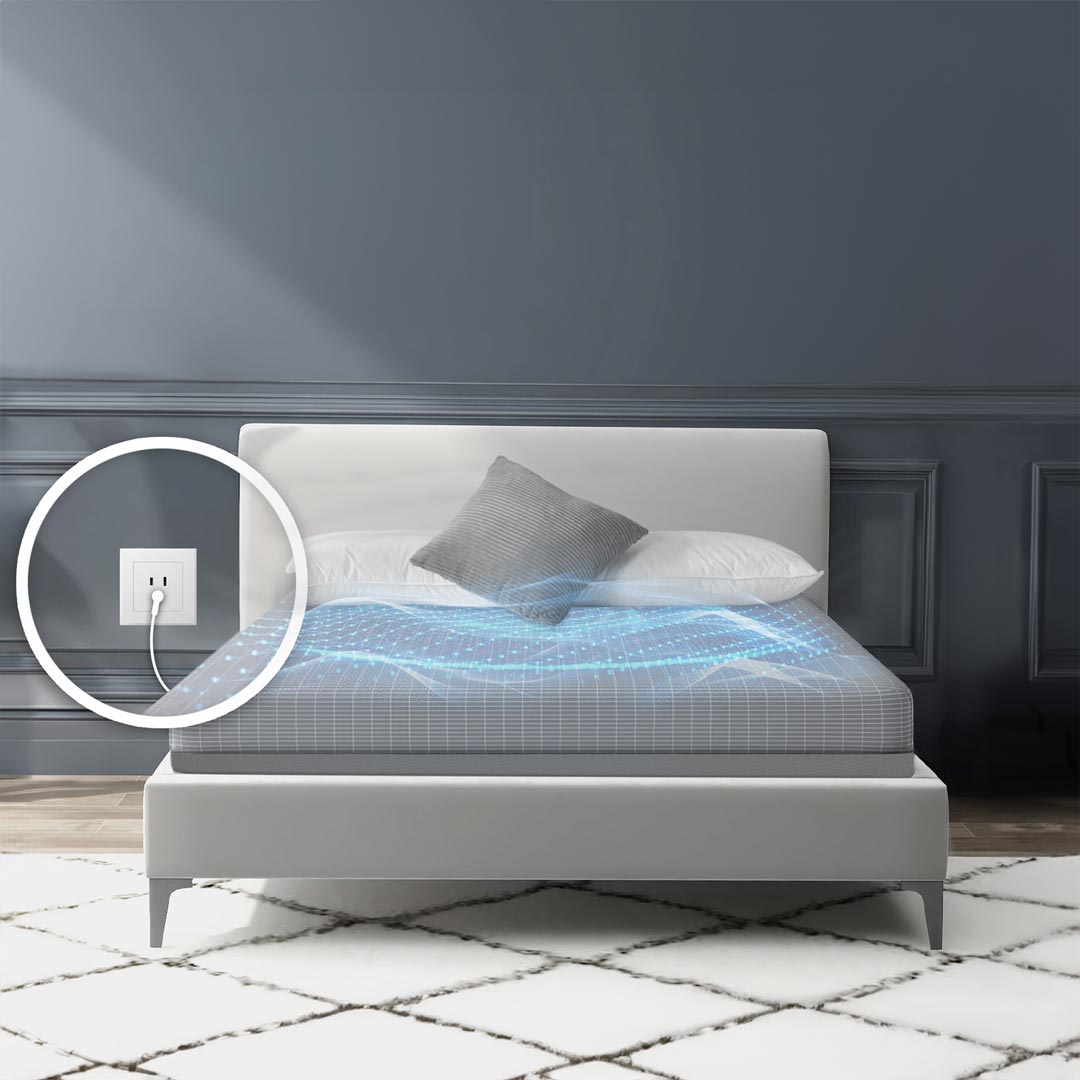 Bed with futuristic design and glowing grid pattern, next to an electrical plug.