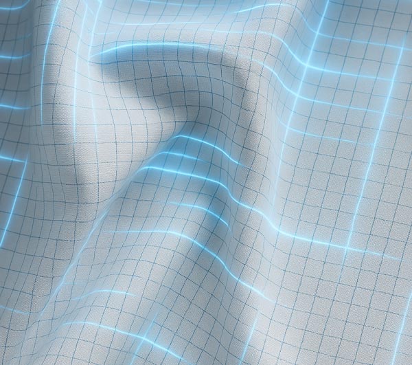 Blue grid pattern on a wavy fabric surface.