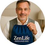 Man holding a blue bag labeled 'ZenLife Grounding' with a neutral expression.