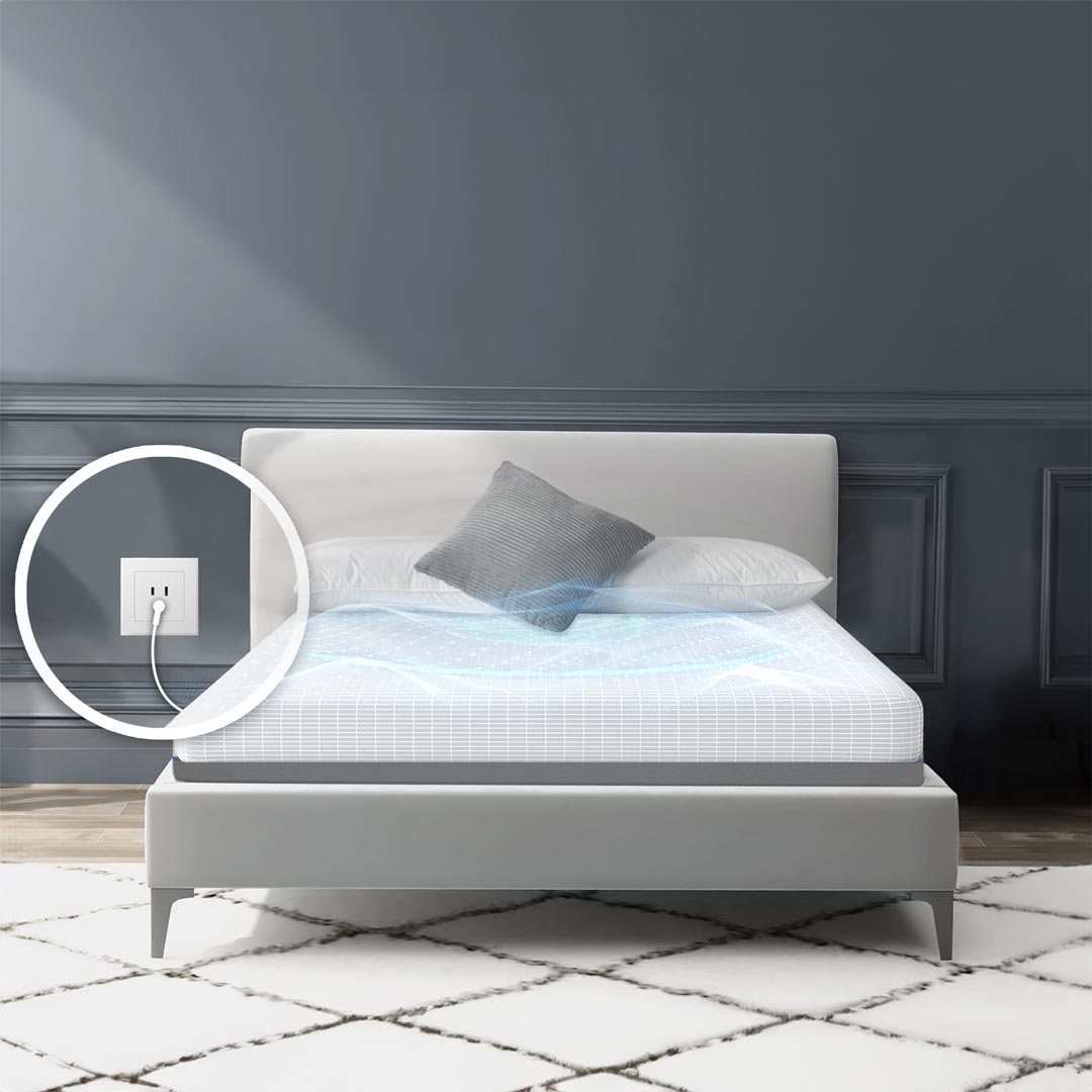 A bed with a connected smart mattress and a single pillow.