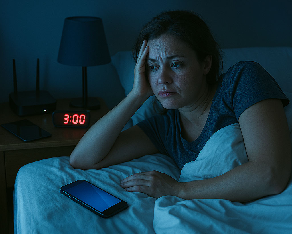 Woman in bed looking at phone, clock shows 3:00 AM.