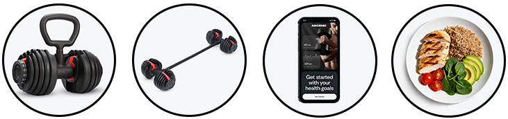 Set of four images: kettlebell, barbell, smartphone app, and a plate of healthy food.