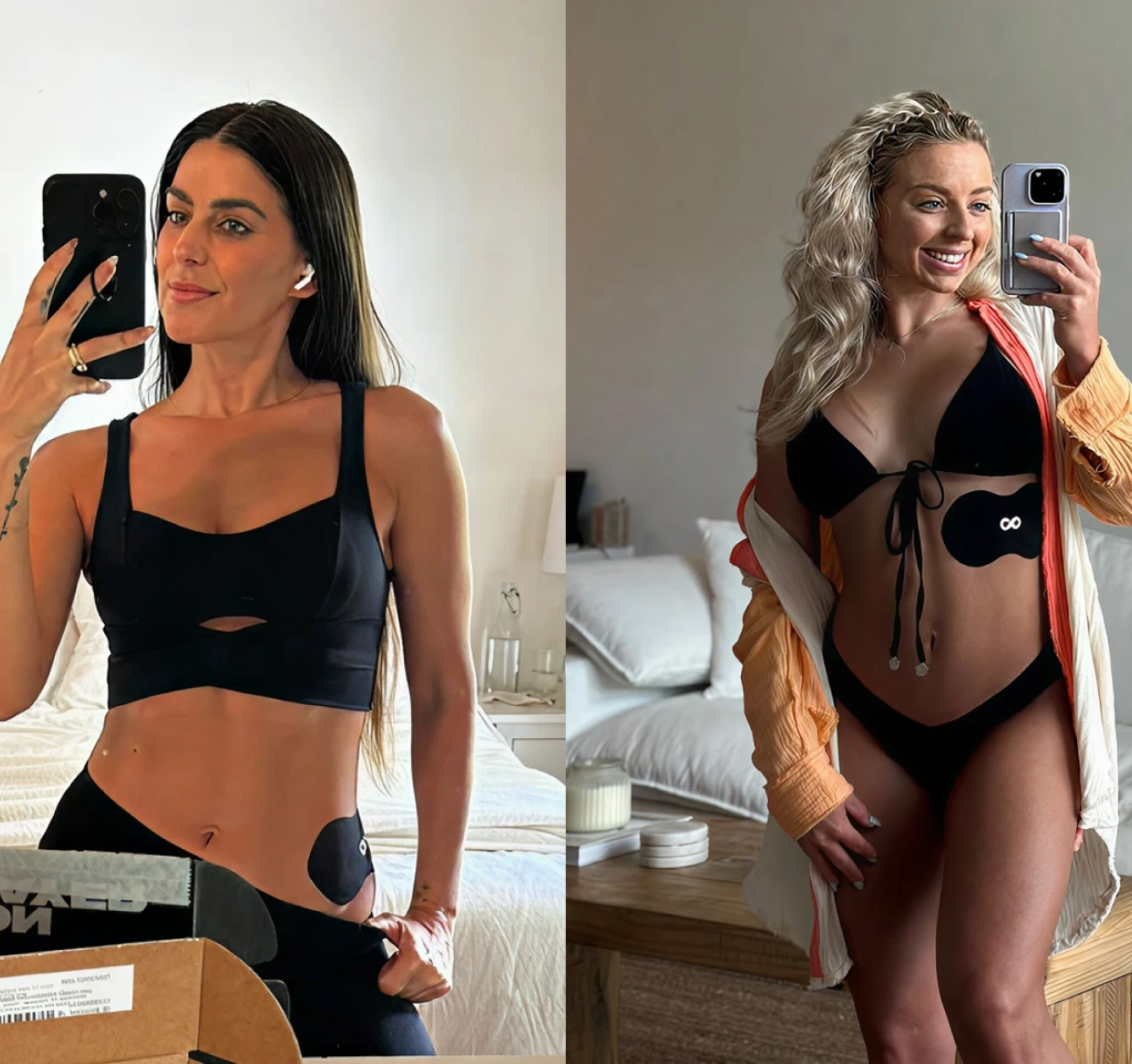 Two women taking mirror selfies wearing black outfits with patches on their abdomens.