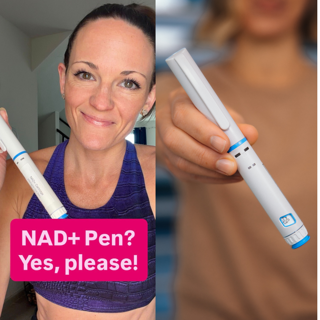 A woman in a purple athletic top smiles while holding a white NAD+ pen.