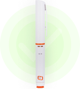 A white electronic pen with orange accents superimposed on a large green checkmark icon.