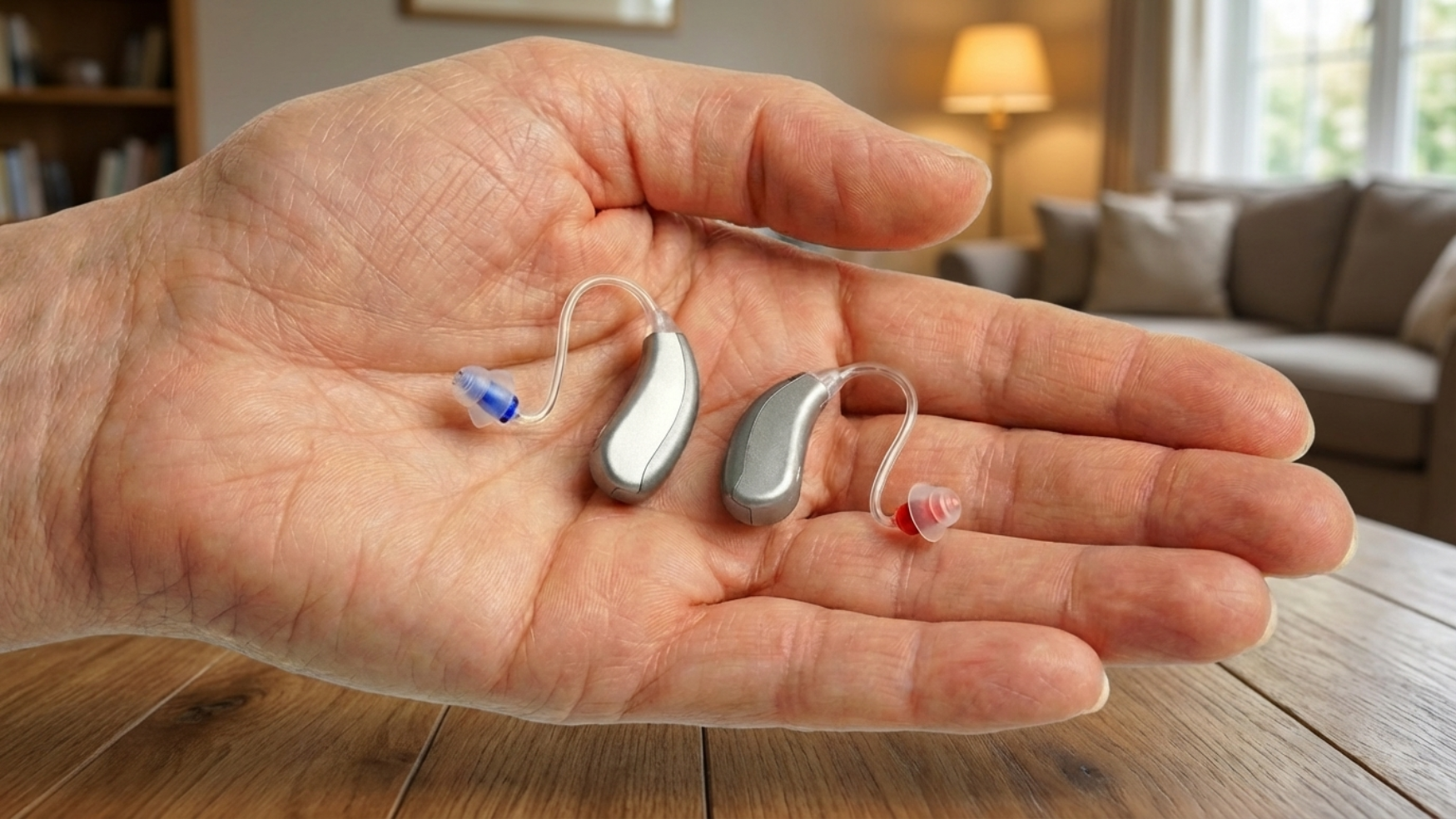 A close-up of a person's open palm holding two small, silver, behind-the-ear hearing aids.