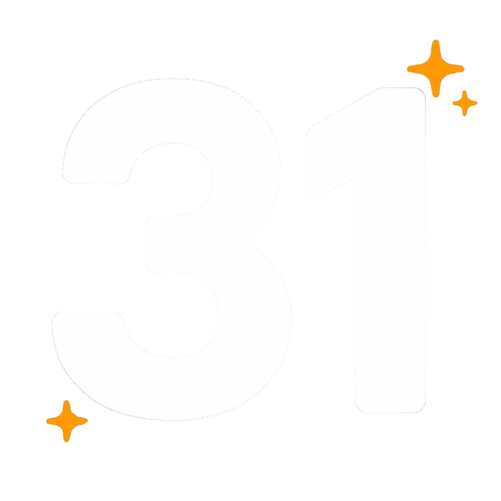 White number 31 with orange stars on a transparent background.