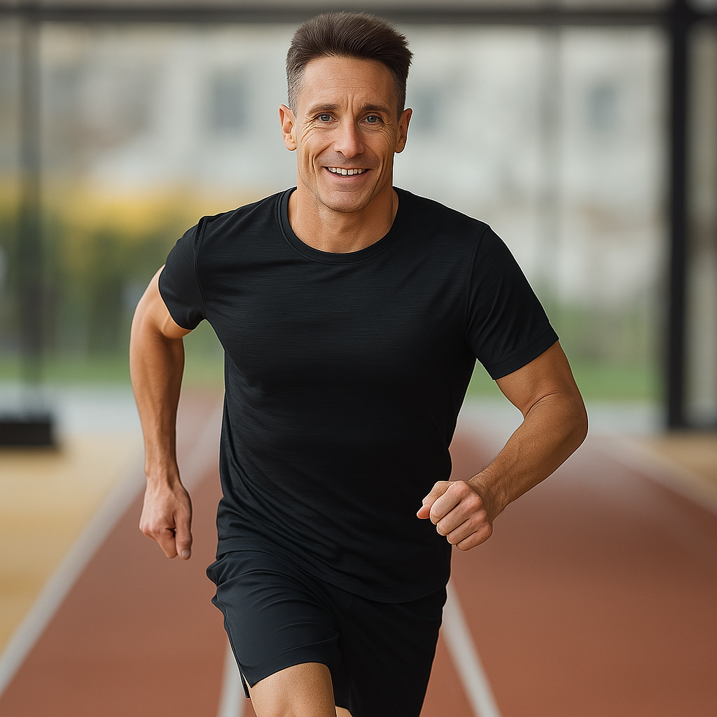 Man in black athletic wear running on an indoor track.