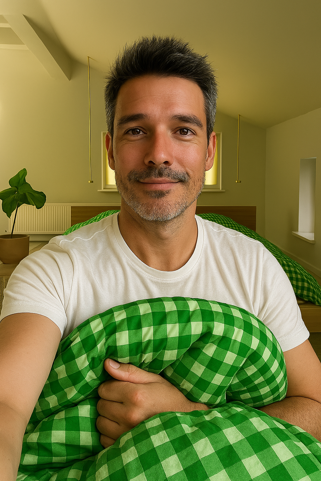Man in white shirt holding green checkered blanket, sitting in a bedroom.