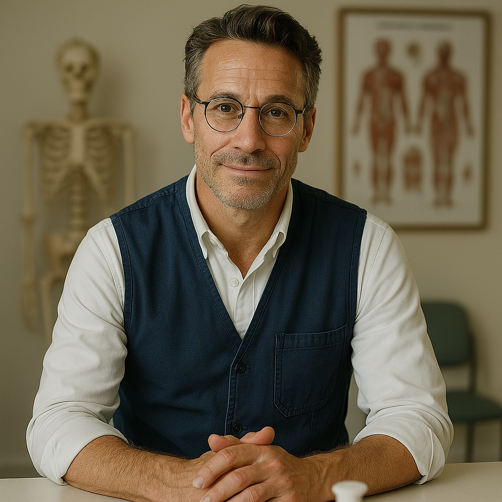 Man with glasses sitting at a desk, skeleton and anatomy chart in background.