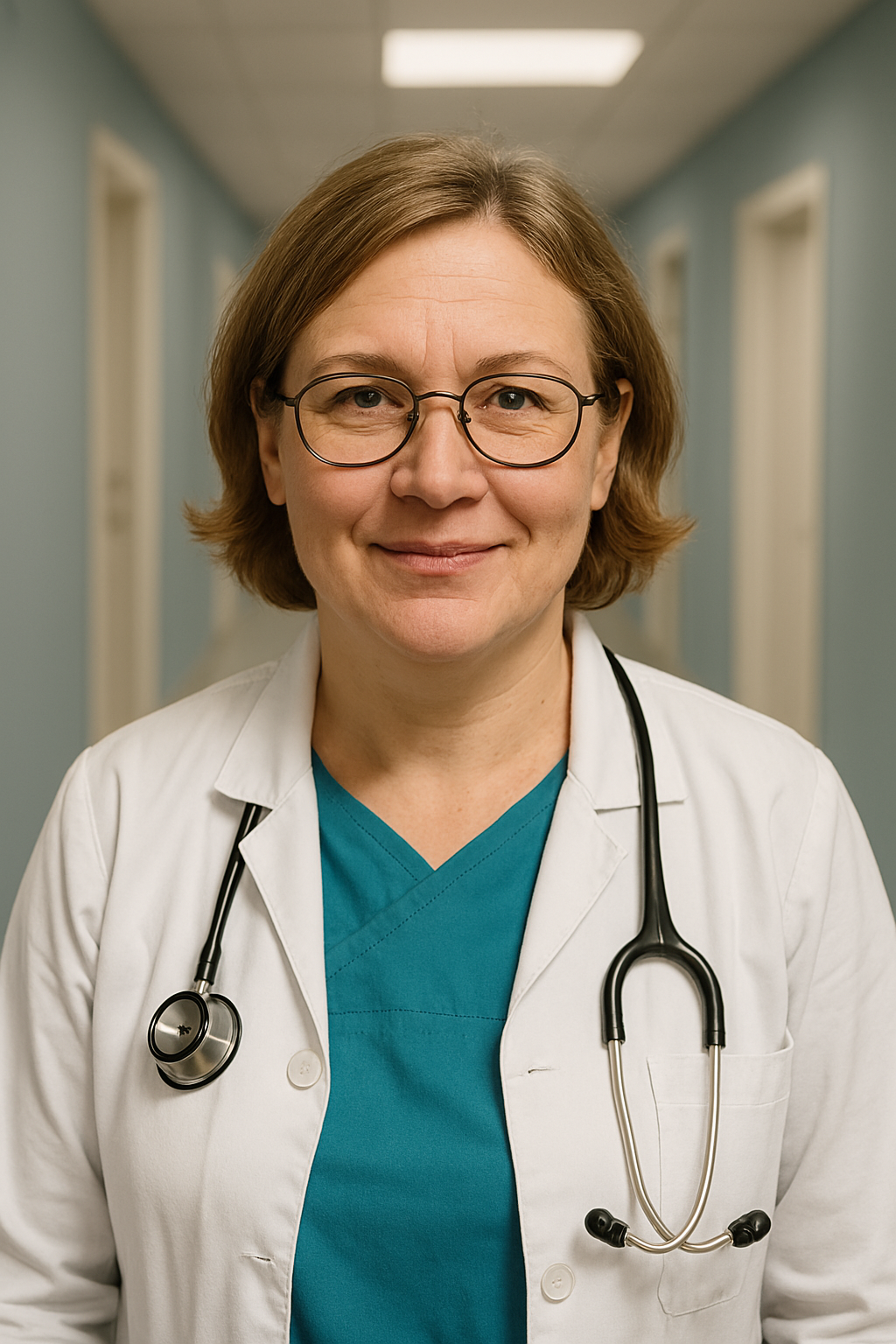 Person in a white coat with a stethoscope in a hallway.