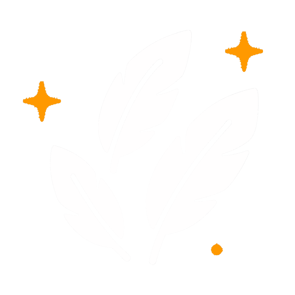 Three white leaves with orange stars and shapes on a white background.