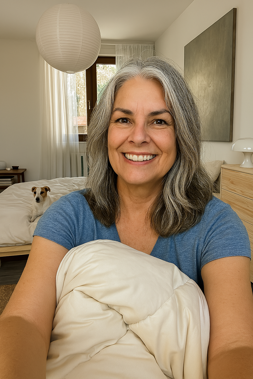 Smiling woman in a bedroom with a small dog on the bed.