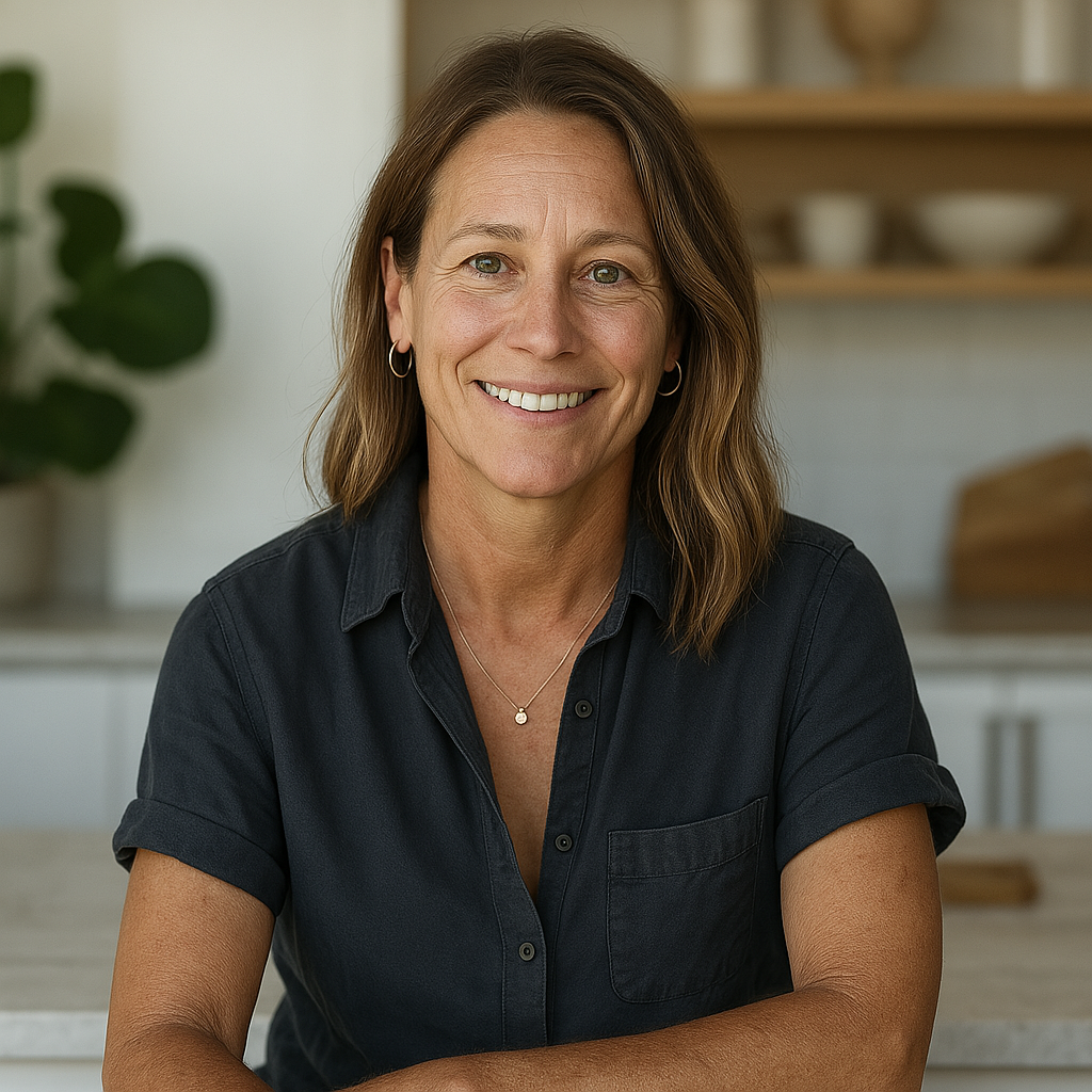 Smiling person in a dark shirt sitting in a kitchen.