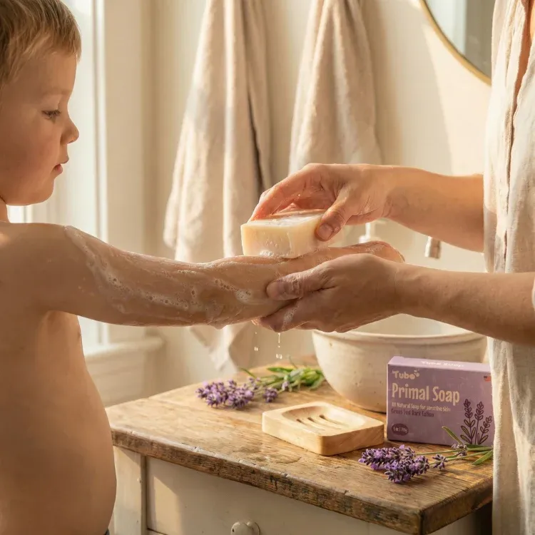 An adult washes a young child's sudsy arm with a bar of soap in a bathroom.