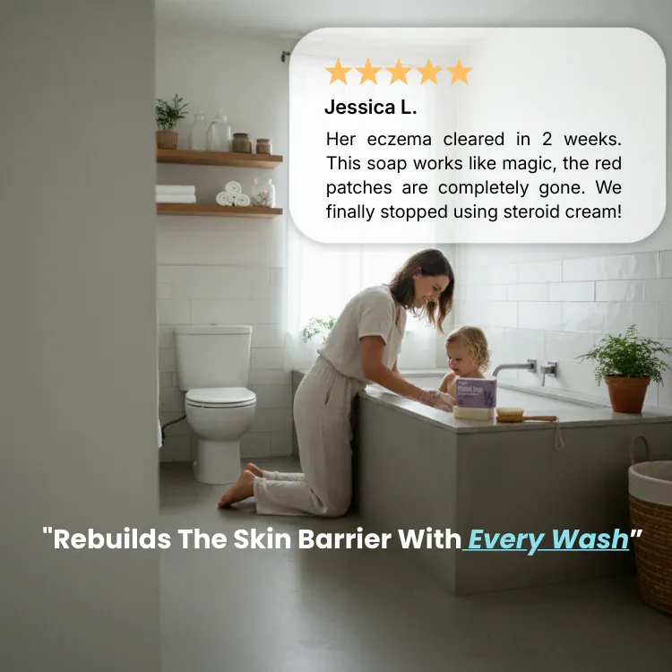 A woman kneels on a bathroom floor, washing a small child who is sitting in a bathtub.