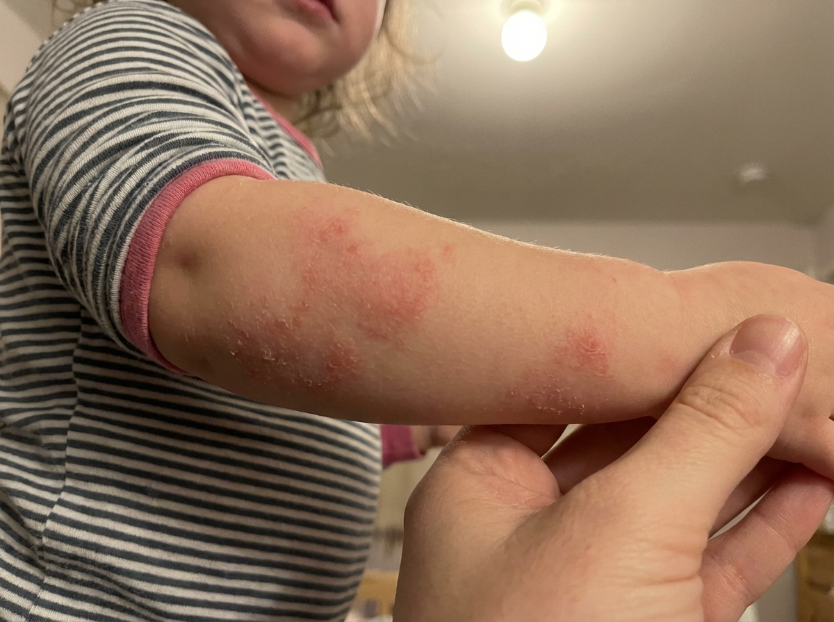 A close-up of a child's arm with a red, scaly rash, being held by an adult's hand.