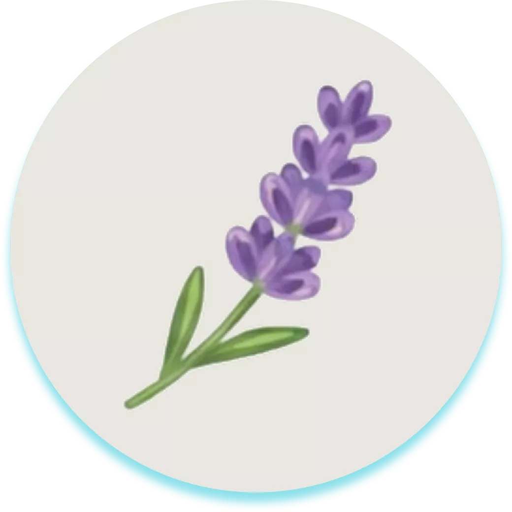 A stylized illustration of a sprig of purple lavender inside a circle.