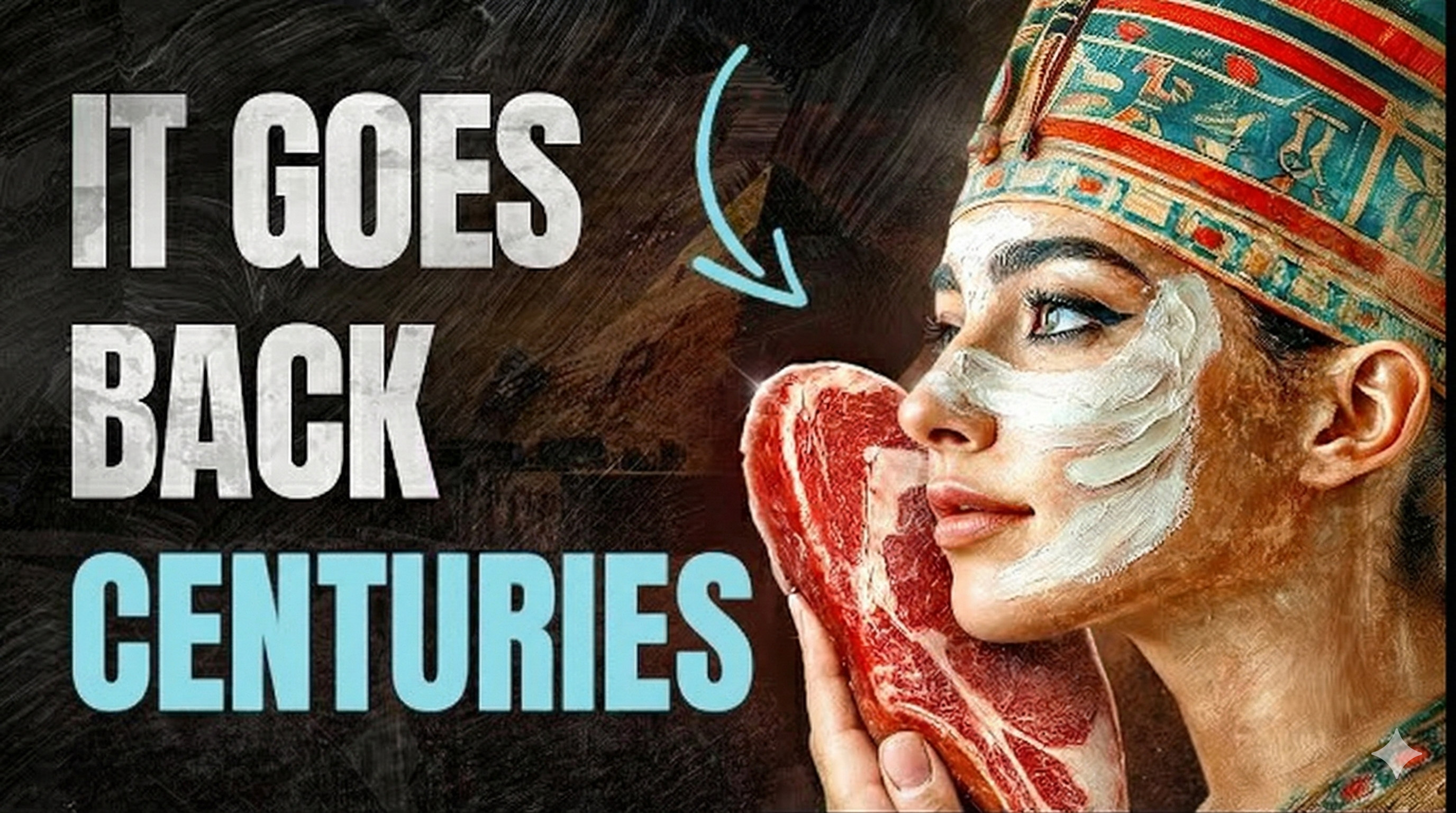 A woman in an Egyptian headdress with face cream on holds a raw steak to her cheek.
