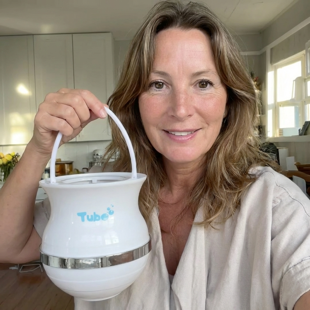 A smiling woman with light brown hair holds up a white bucket-like device with 'Tube' written on it.