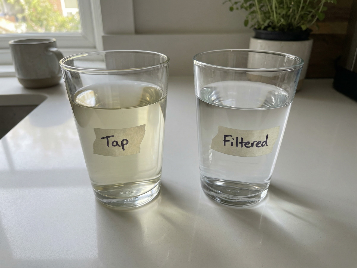 Two glasses of water, one labeled 'Tap' containing yellow water, and one labeled 'Filtered' with clear water.