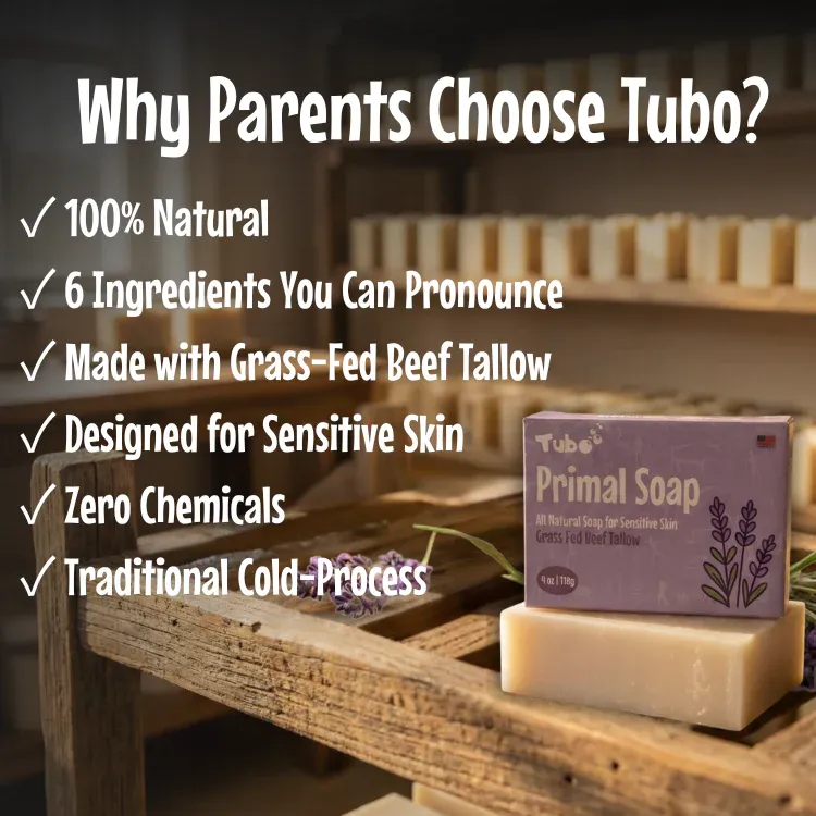 An advertisement for Tubo Primal Soap, listing its features next to a bar of soap on a wooden rack.