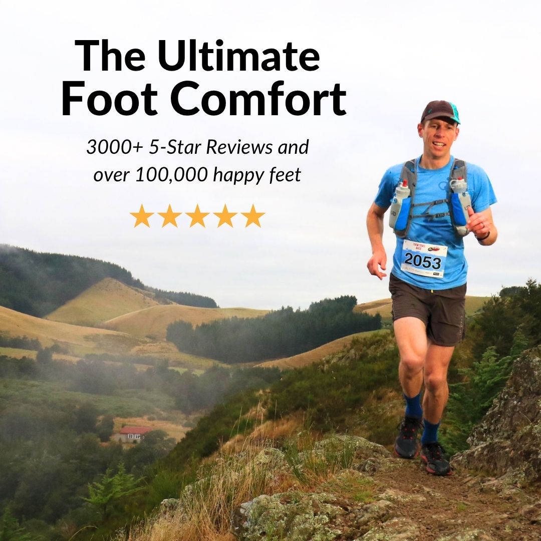 A man trail running on a dirt path through rolling green hills, with promotional text overlaid.