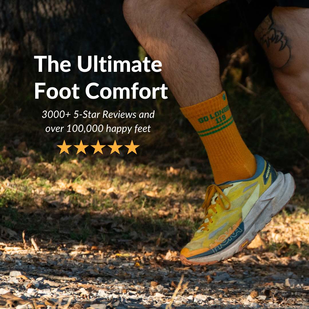 Runner wearing yellow sneakers and orange socks on a trail with text about foot comfort.