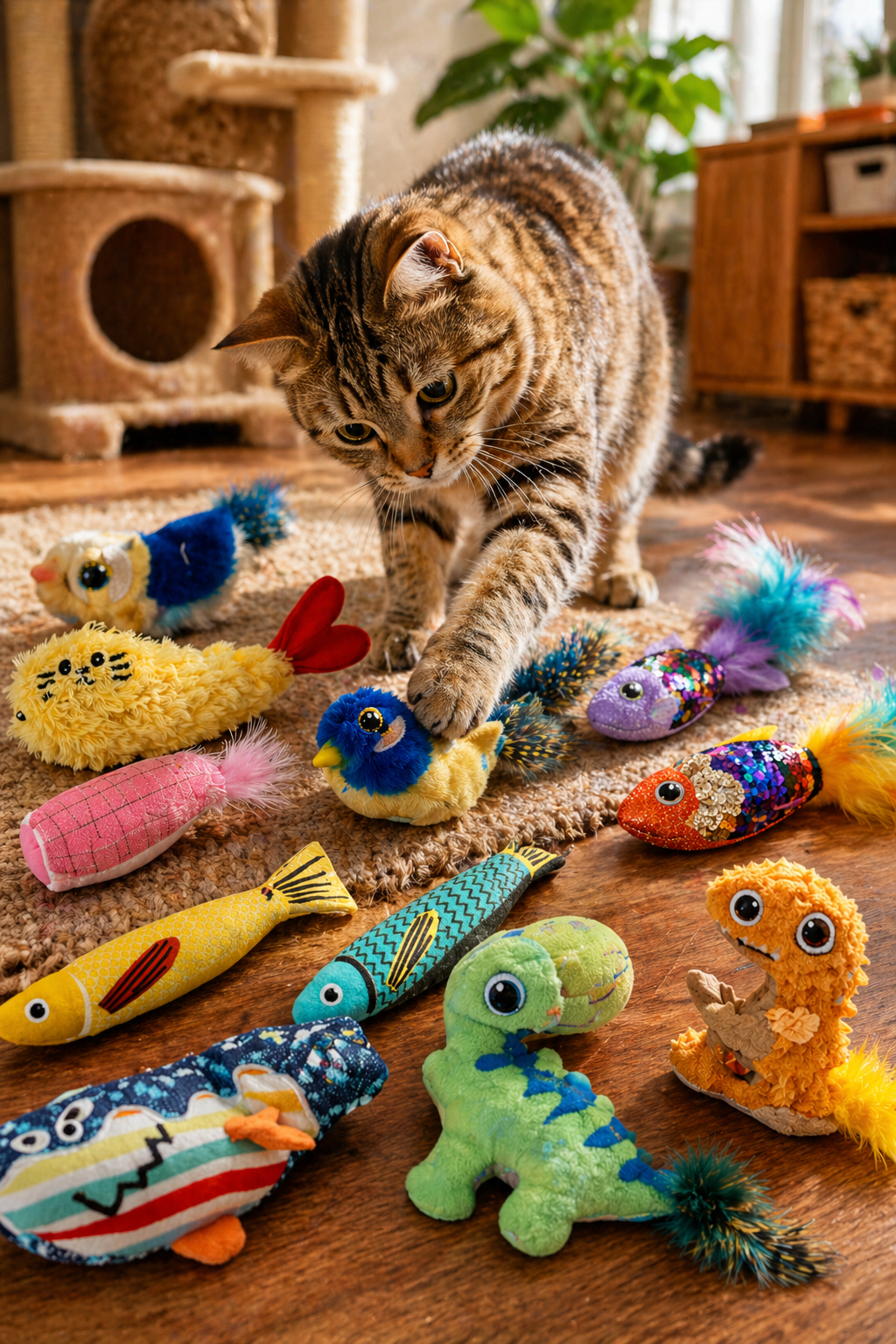A brown tabby cat reaches its paw out to touch one of many colorful toys on a rug.