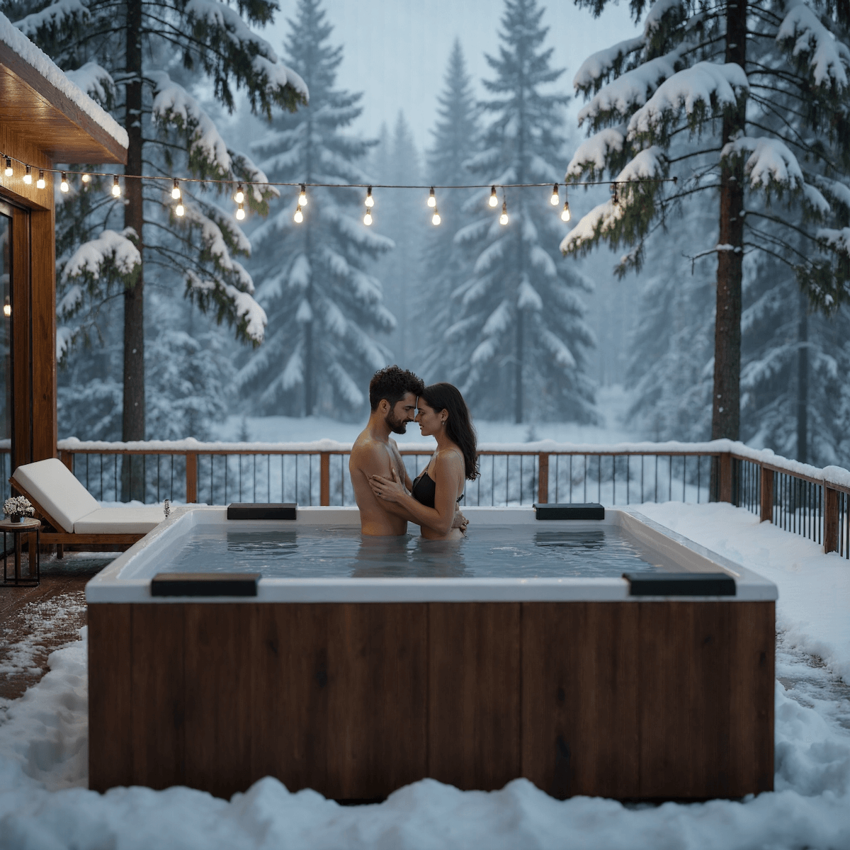 Couple embracing in a hot tub surrounded by snow-covered trees and string lights.