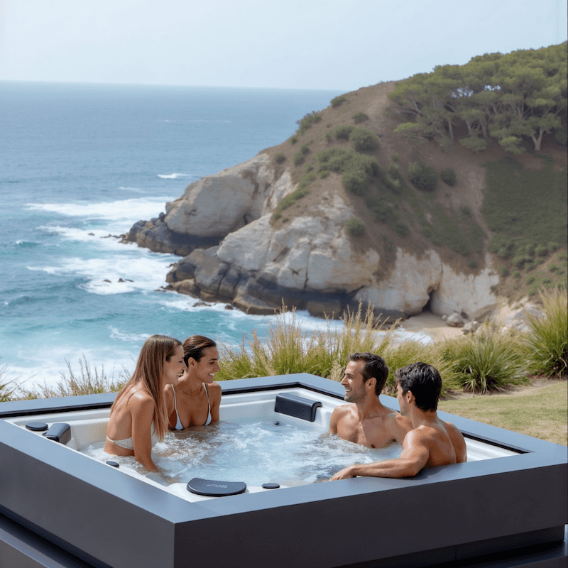 Four people in a hot tub overlooking a scenic ocean view.