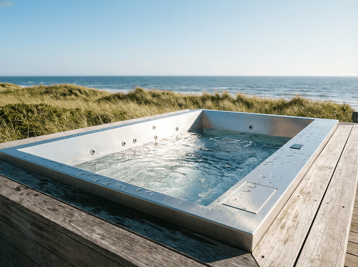 Outdoor hot tub overlooking grassy dunes and the ocean.