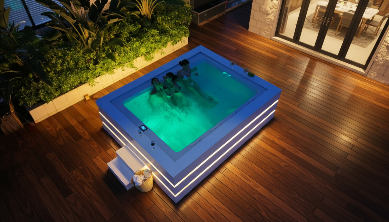 Three people relaxing in an illuminated outdoor hot tub on a wooden deck.