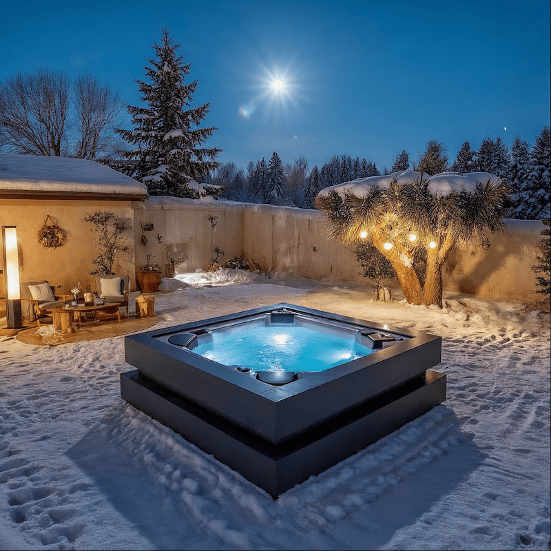 Snowy backyard with a lit hot tub, trees, and outdoor seating under a night sky.