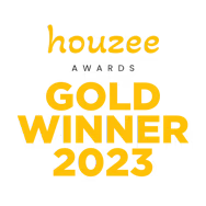 Text reading 'houzee awards GOLD WINNER 2023' in yellow and black.