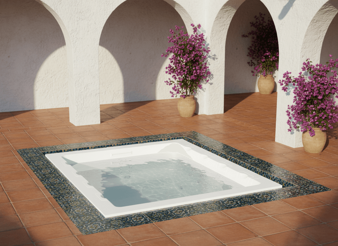 A small pool with tiled border and potted flowers in an arched courtyard.