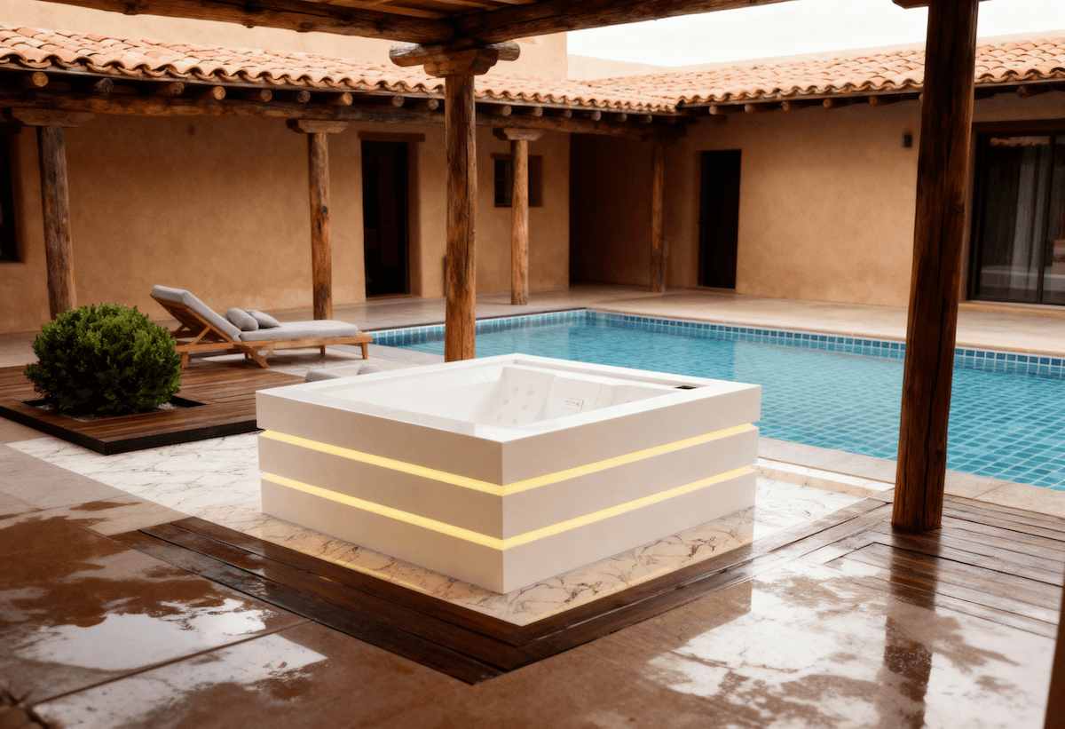 Outdoor patio with pool, wooden benches, and hot tub.