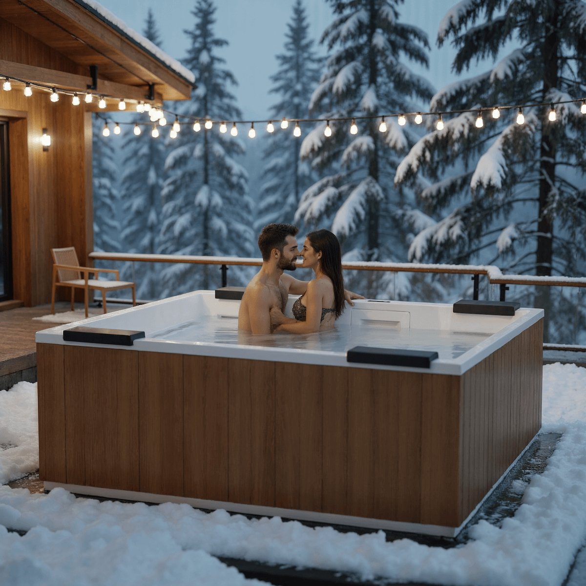Couple in a hot tub on snowy deck with string lights and pine trees.