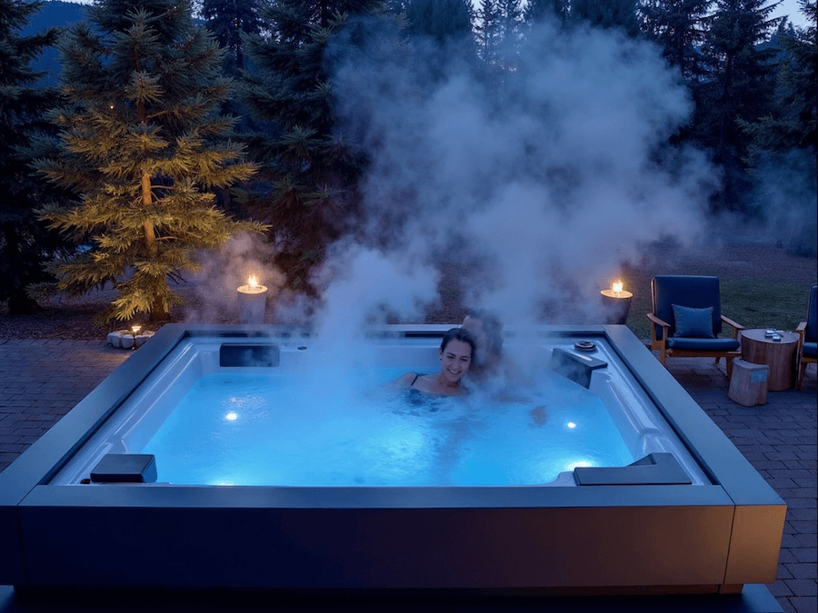 Person relaxing in a steaming hot tub outdoors at dusk.
