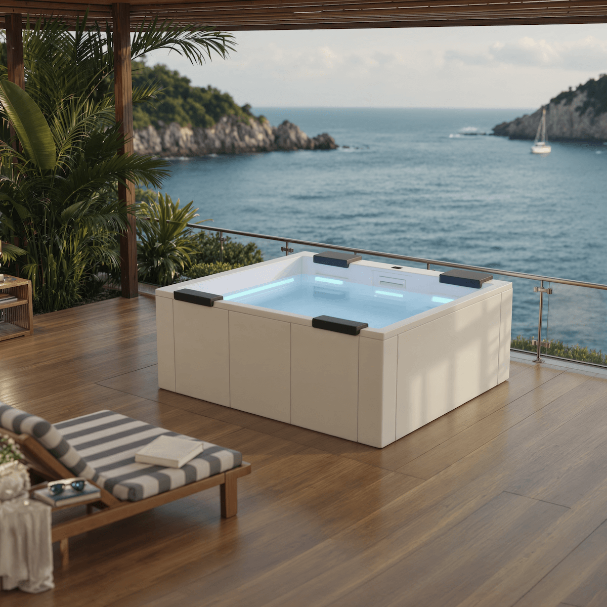 Outdoor deck with a hot tub overlooking the ocean and a sailboat in the distance.
