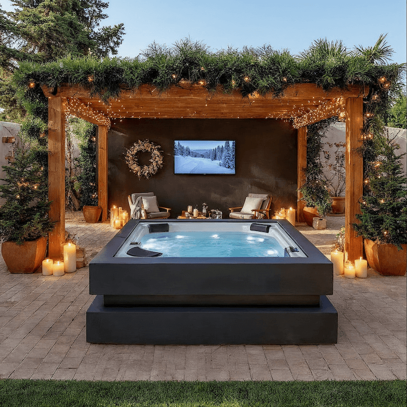 Outdoor hot tub under pergola with candles, plants, and a wall-mounted TV.