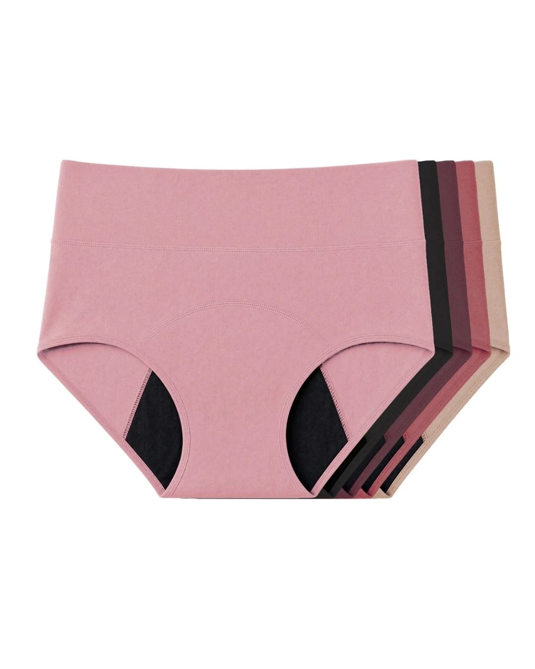 A stack of high-waisted underwear in various colors, with a pink pair on top.